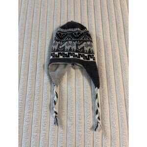 Peruvian alpaca reversible tie beanie gray white black winter fall Aztec